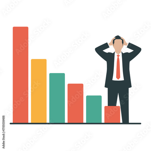 vector illustration of a stressed businessman with colorful bar graph showing financial decline