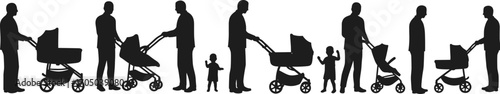 Silhouettes of fathers with baby strollers and children, parenting concept, fatherhood care, family bonding, walking with kids, paternal responsibility, modern dad role