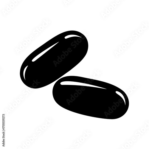 Two shiny black capsule pills, illustrating medicine and pharmaceutical treatments for illness
