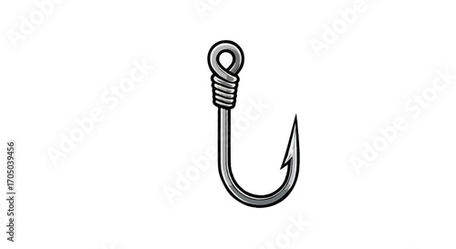Vector single icon of a metallic fishing hook in shiny silver color, realistic style, isolated on white background