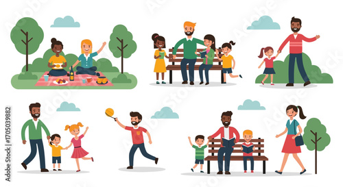 Diverse families and friends enjoying outdoor park activities together