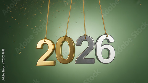 Golden and silver numbers 2026 hanging from golden chains with confetti in the background, celebrating the upcoming new year
