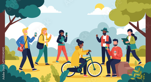 Diverse Group of People Relaxing in a Park, Engaging in Casual Activities