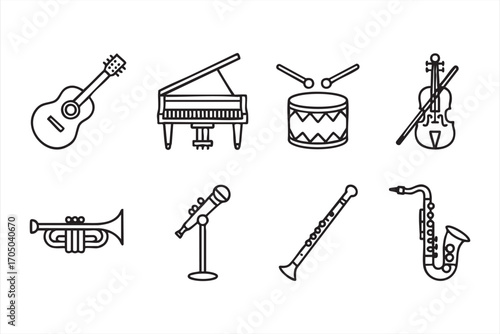 Musical Instruments Line Icons Collection with Guitar Piano and Violin