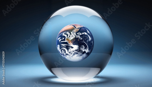 Glass sphere with Earth inside on dark background  