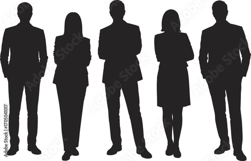 Silhouettes of five confident business professionals standing, formal attire, teamwork concept, corporate environment, diversity, collaboration, success, leadership, business people group