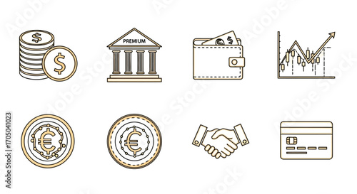 Vector illustration of financial icons including coins, bank, wallet, graph, handshake, card