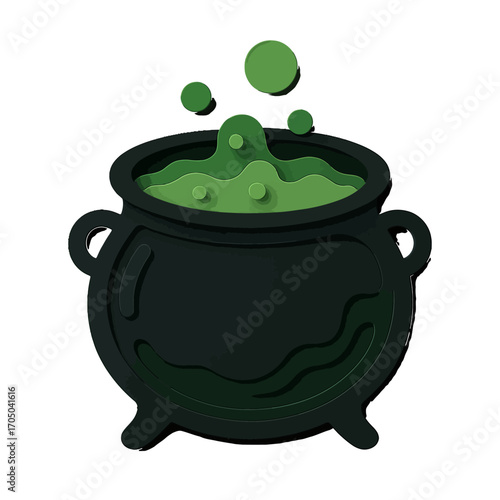 Bubbling green potion in cauldron with modern layered paper cut style