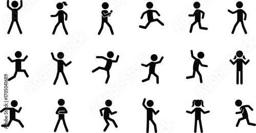 Collection of 15 black stick figure icons depicting various human poses and actions silhouette person