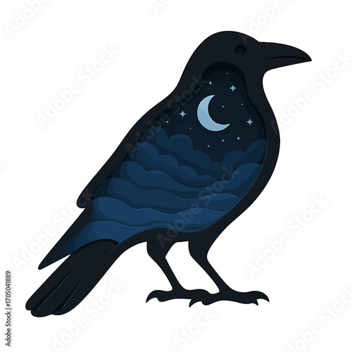 Mystical raven with night sky cutout and crescent moon