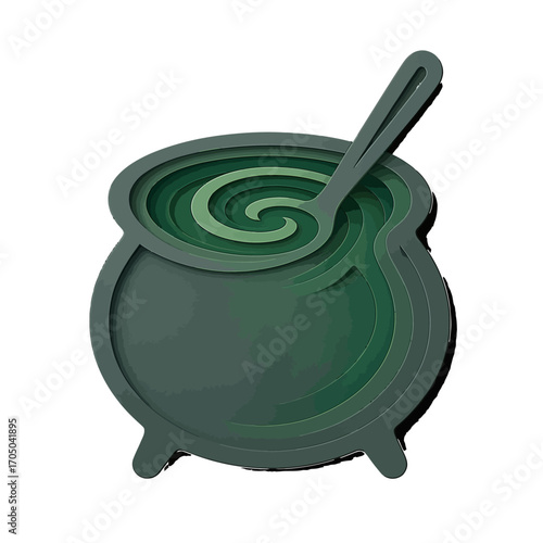 Layered paper art cauldron with spoon design in shades of green