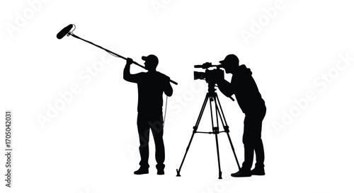 Vector illustration of filmmakers silhouette with boom mic and camera