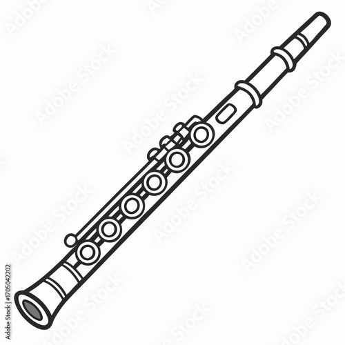 A simple black and white line art illustration of a concert flute on a white background