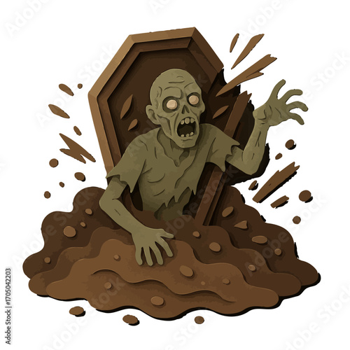 Zombie rising from grave in spooky paper cut art style