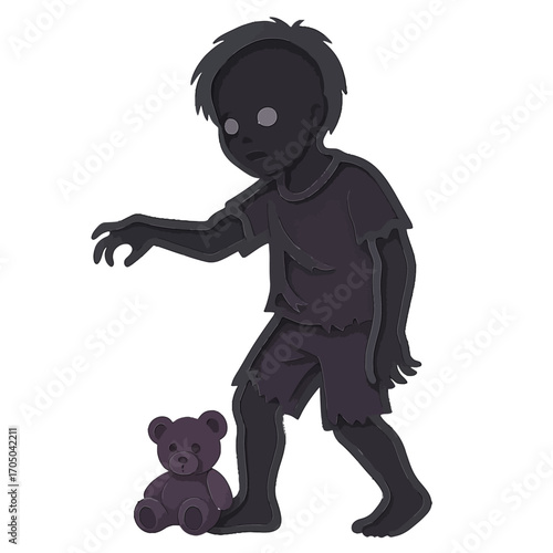 Spooky zombie child reaching for teddy bear in a dark haunted scene