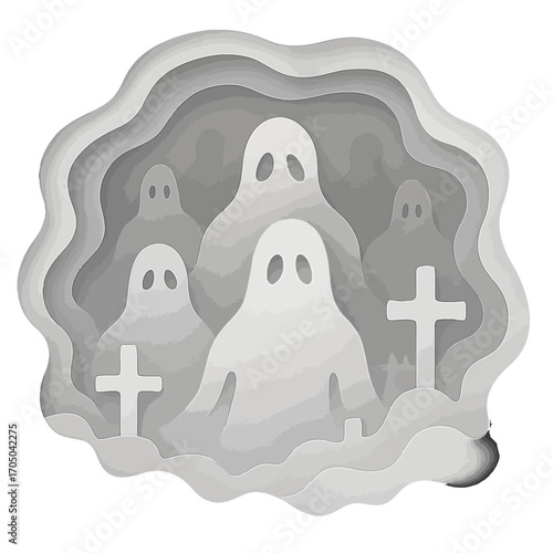 Abstract paper cut ghosts in layered graveyard scene for halloween