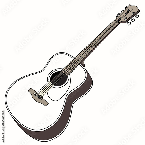 Acoustic guitar with a white body and dark brown trim isolated on a white background