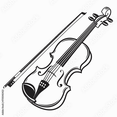 Classic black and white illustration of a violin and bow on a white background