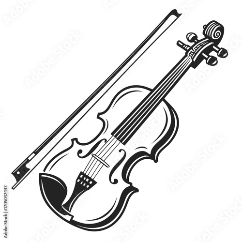 A stylized black and white illustration of a violin and bow on a white background