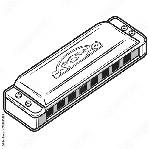 Black and white illustration of a classic harmonica with a decorative emblem on a white background