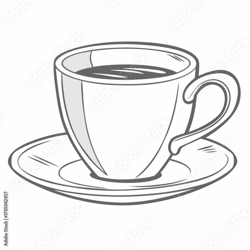 Simple line art illustration of a white coffee cup filled with dark liquid on a saucer
