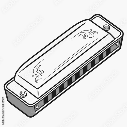 Stylized black and white illustration of a harmonica with decorative swirls on a plain background