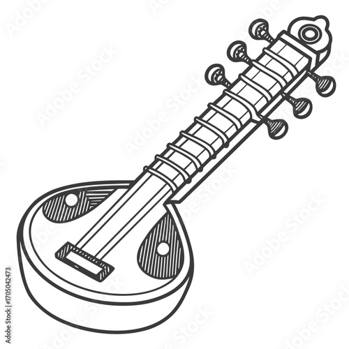 Hand drawn sketch of a sitar a long necked plucked string instrument from india