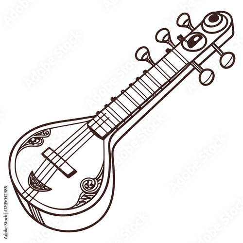Stylized outline drawing of a traditional indian sitar musical instrument on a white background