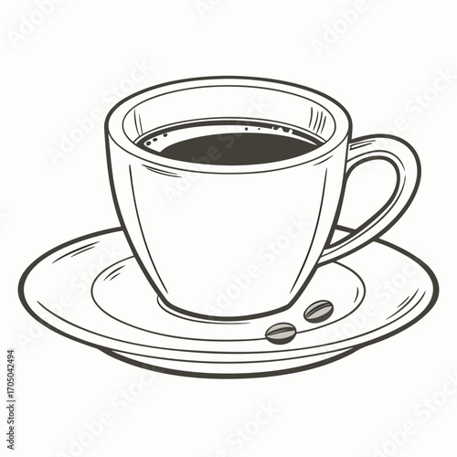 A simple line art illustration of a cup of coffee with two coffee beans on a saucer