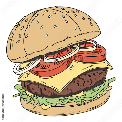 Delicious hand drawn burger illustration with sesame seed bun lettuce tomato onion and cheese