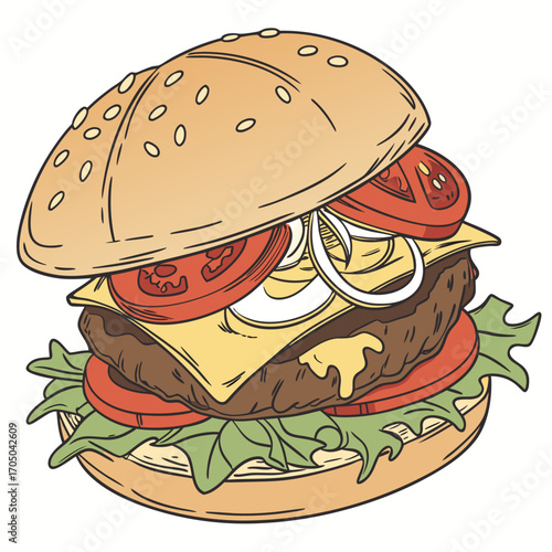 Delicious hand drawn burger illustration with fresh toppings and sesame seed bun