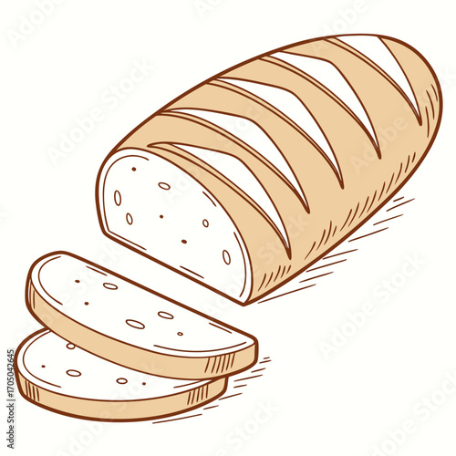 Hand drawn illustration of a sliced loaf of bread with a rustic sketch like style on a white background