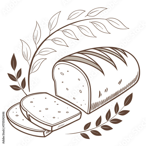 Artistic sketch of a sliced loaf of bread with wheat stalks and leaves on a white background