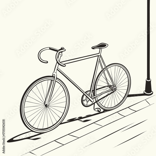 Minimalist black and white illustration of a vintage bicycle parked on a cobblestone street next to a lamppost