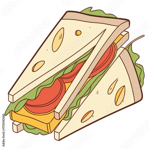 A delicious cartoon illustration of a layered sandwich cut into triangles with fresh lettuce and tomato slices