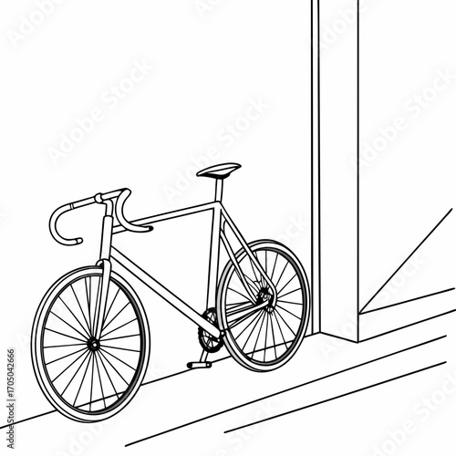 Minimalist line art illustration of a sleek road bicycle leaning against a modern architectural structure