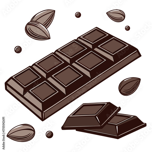 Delicious dark chocolate bar with almonds and chocolate drops scattered around on white background