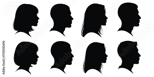 Diverse Male and Female Head Silhouettes in Profile View on White Background face