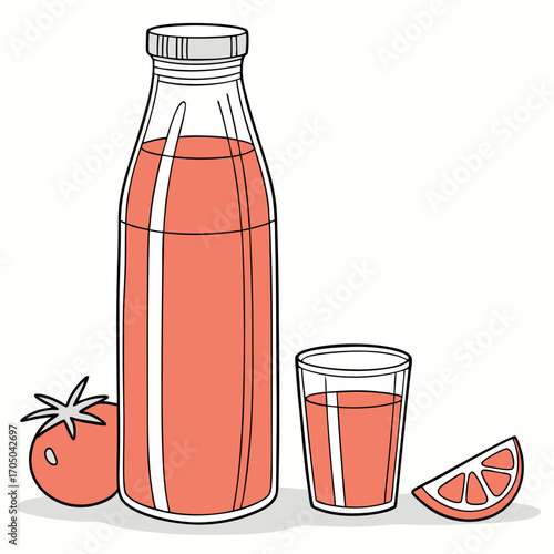 Refreshing tomato juice in a glass bottle and a serving glass with a whole tomato and slice