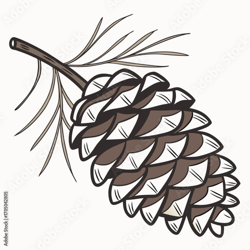 Stylized illustration of a brown pine cone with needles on a branch against a white background