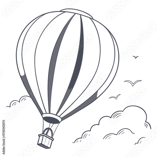 Whimsical hand drawn hot air balloon soaring through the sky with clouds and birds