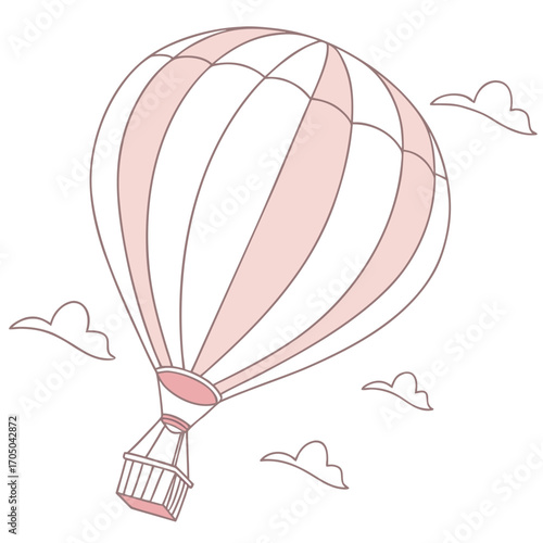 Whimsical pink and white striped hot air balloon floating gently through a sky with soft clouds