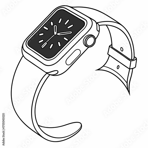 Minimalist line art illustration of a modern smartwatch with a dark screen and a simple band