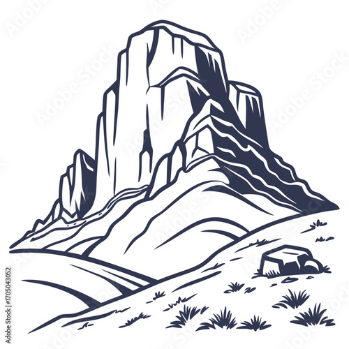 Stylized graphic illustration of a majestic mountain range with rolling hills and sparse vegetation
