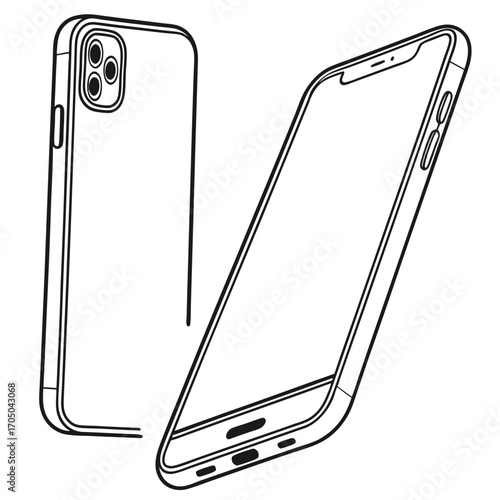 Clean line art illustration of a modern smartphone showing front and back views