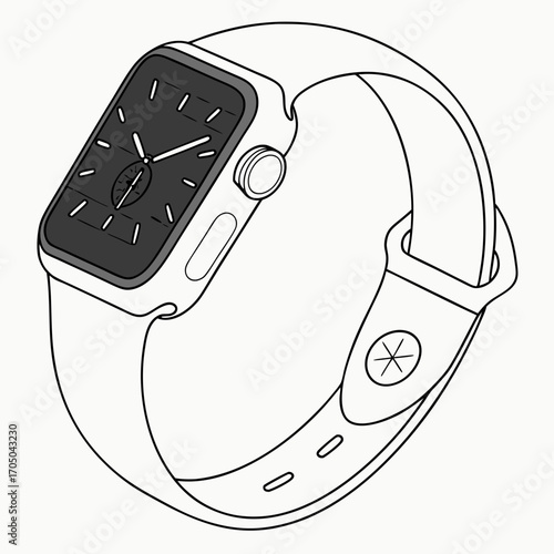 Modern smartwatch with a dark watch face and a simple band in a clean line art style