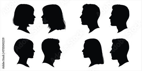 Eight black silhouette profiles of men and women facing each other on a white background Keywords: silhouette, profile, head