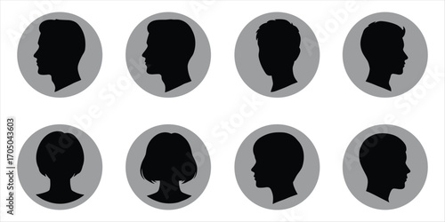 Eight Oval Silhouettes of Male and Female Heads in Profile View on White Background Keywords: silhouette, profile, head, male