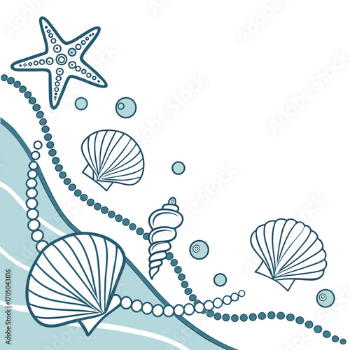 Decorative corner design with starfish seashells pearls and bubbles on a wavy blue background