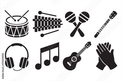 Music Instruments Icons Collection with Drum Guitar and Maracas